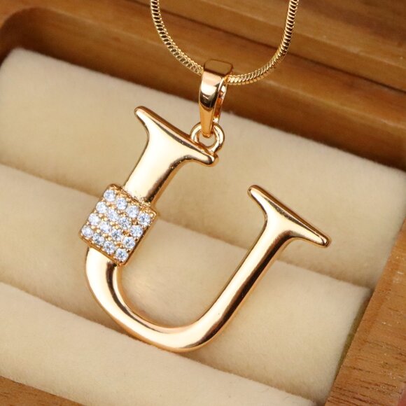 "Rose Gold U Letter Pendant with CZ Stones Elegant Jewelry, XPPT1432 - Picture 1 of 13